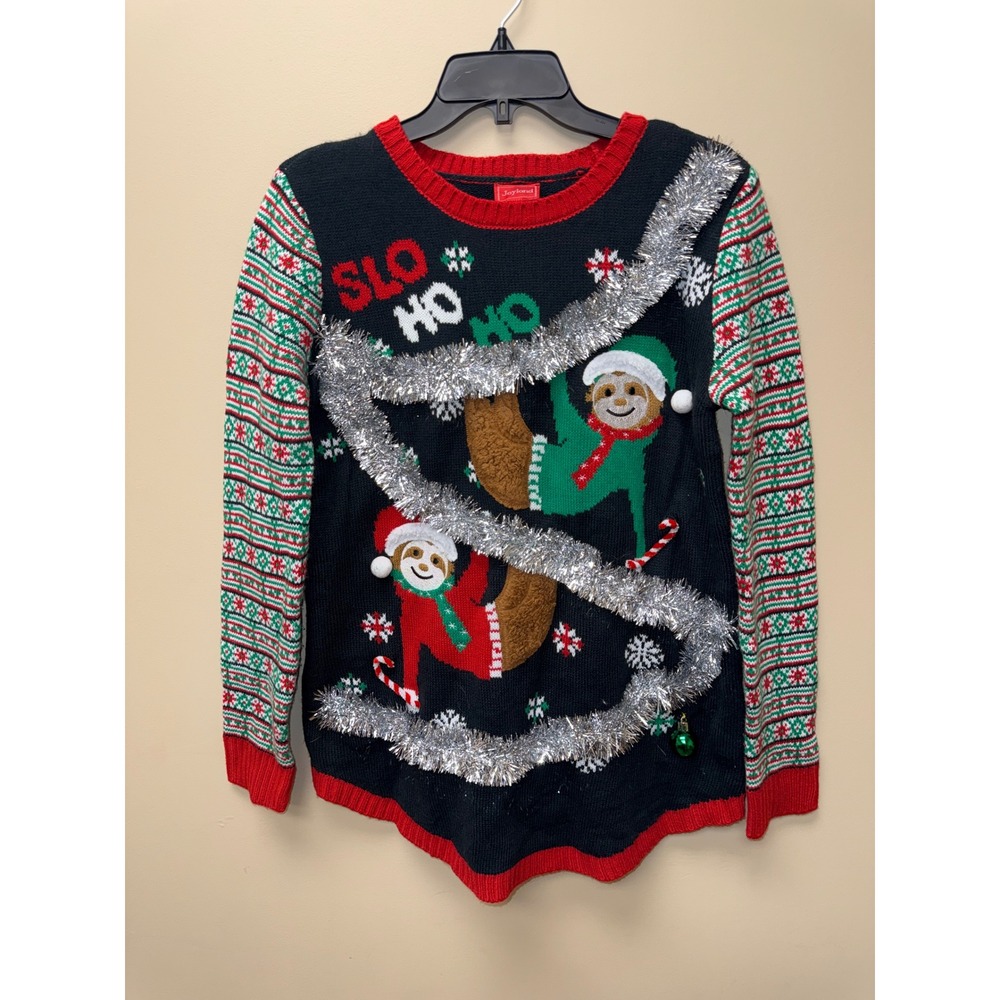 Joyland Slo Ho Ho Ugly Christmas Sweater Mens Medium Black Sloth 3D Tinsel Knit